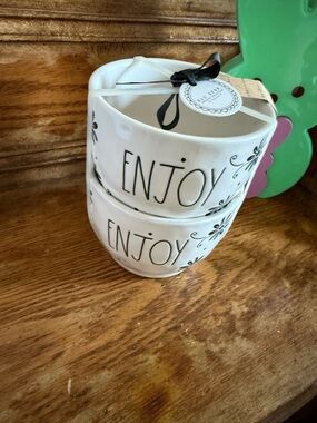 Rae Dunn ENJOY Ceramic Stackable Bowls - White with Black Lettering NWT